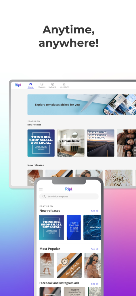 Ripl: Social Media Marketing - Ripl marketing app interface on smartphone and tablet showing social media templates