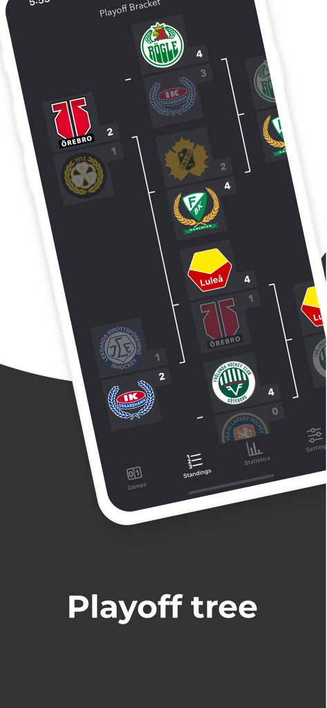 SHLive - SHLive app screenshot showing the Swedish Hockey League playoff tree with team logos and scores