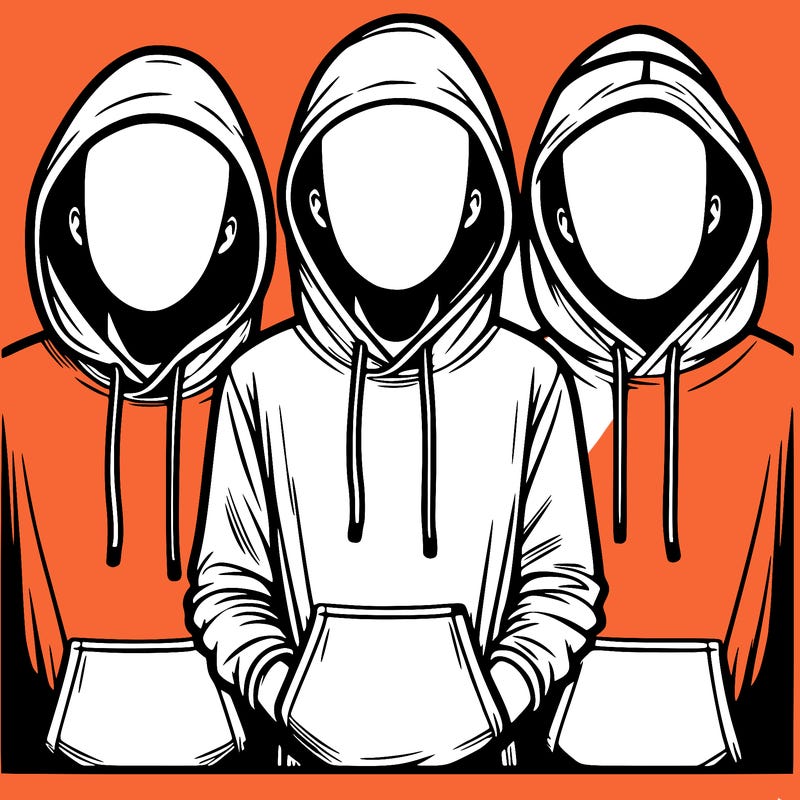 3 faceless people in  hoodies