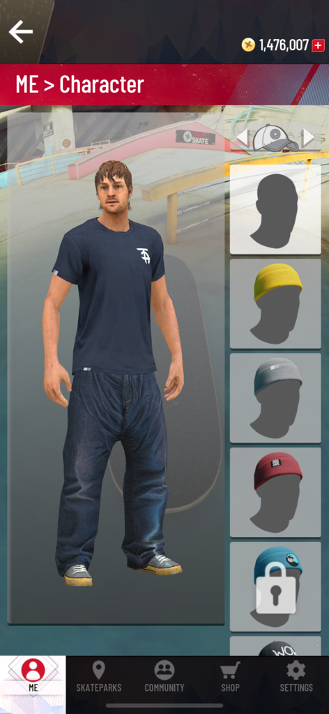 Menu di personalizzazione del personaggio in True Skate che mostra uno skater e opzioni di cappello