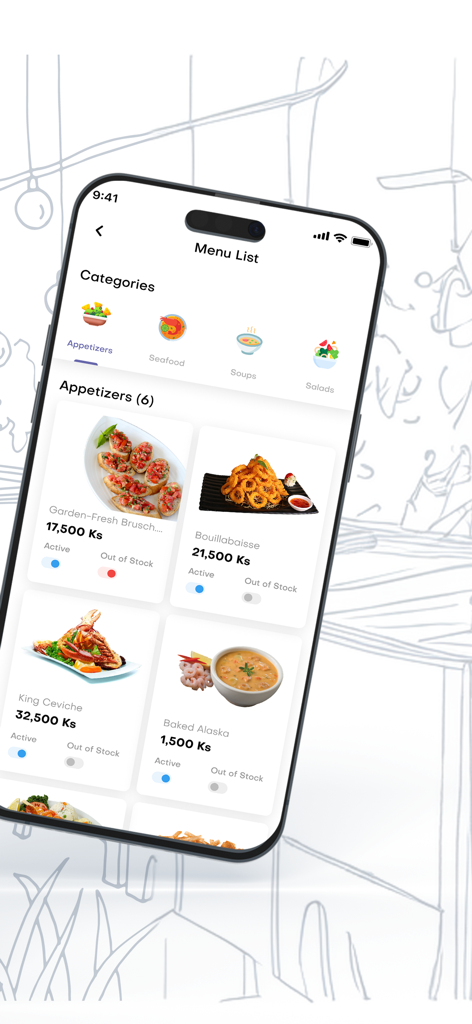 SerMal Restaurant - SerMal Restaurant app menu list displaying various appetizers with status toggles for stock management.