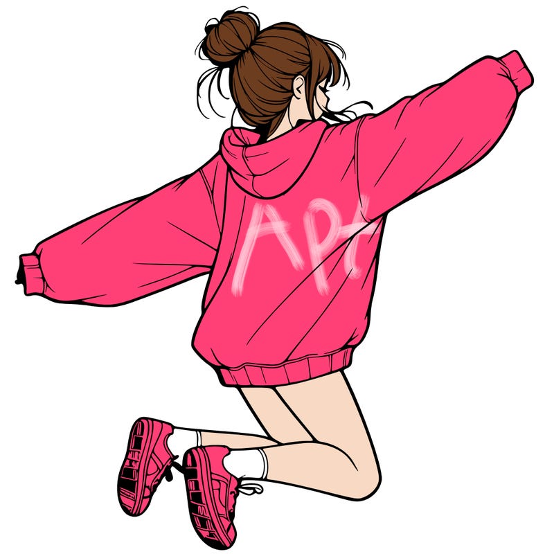 realistic girl jumping with a bun and oversized sweatshirt