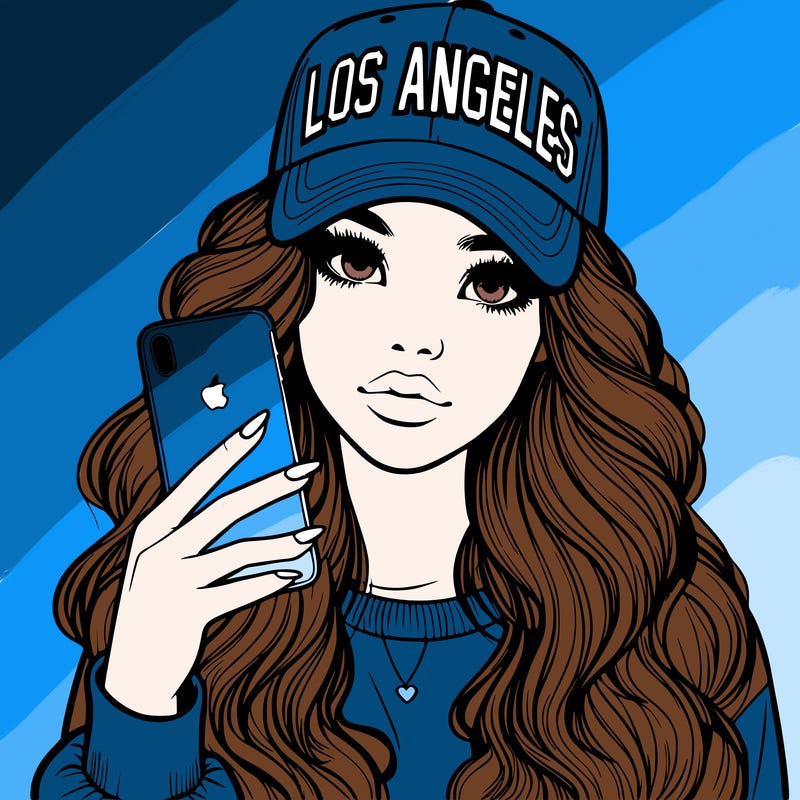 realistic beautiful girl wearing los ángeles cap holding an iphone