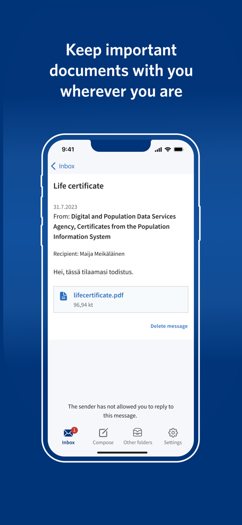 Suomi.fi app interface showing a digital life certificate document in the secure inbox