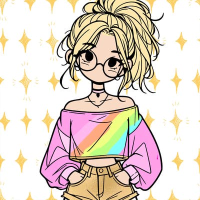 girl with a messy ponytail glasses a baggy crop top and jean shorts