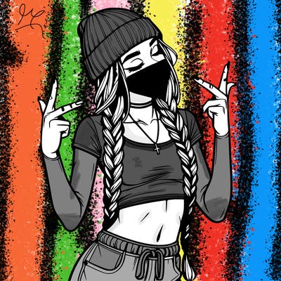 realistic teenage girl with braids and a beanie and crop top doing 🫶🏼