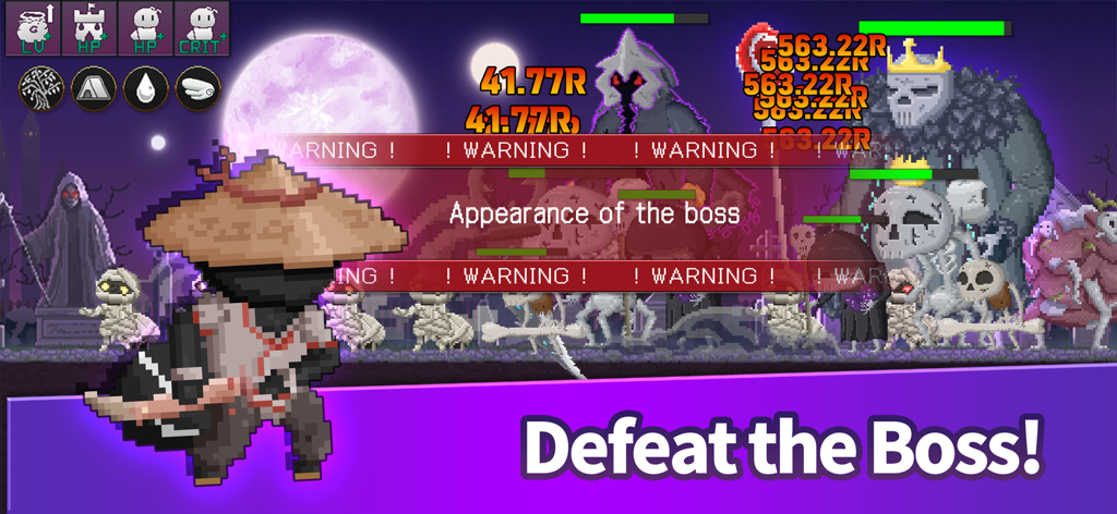 Ant Hero : Defense Idle RPG - Ant Hero gameplay showing a samurai hero character fighting bosses in a pixel art graveyard