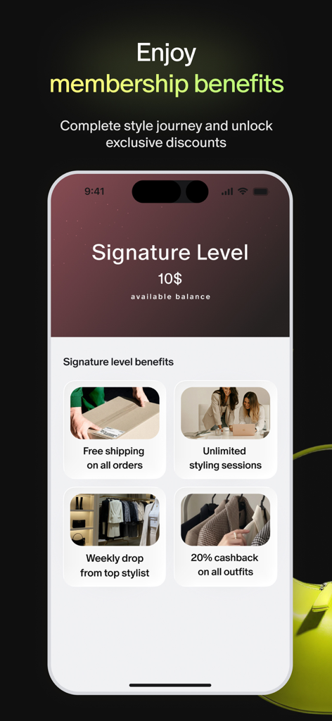 Lumi: styling & shopping - Pantalla de la aplicación Lumi que muestra los beneficios de membresía Signature Level, que incluyen envío gratuito y sesiones de estilismo ilimitadas