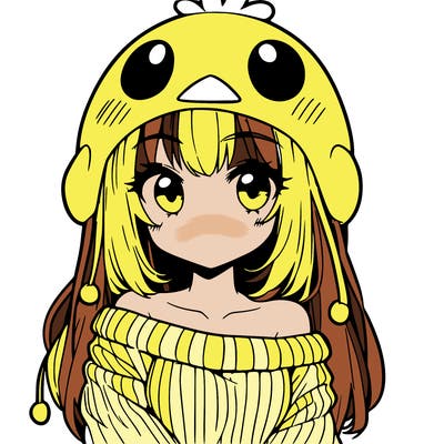 anime girl with chick shaped hat with sweater with bare shoulders with bangs covering them one eye with low tail