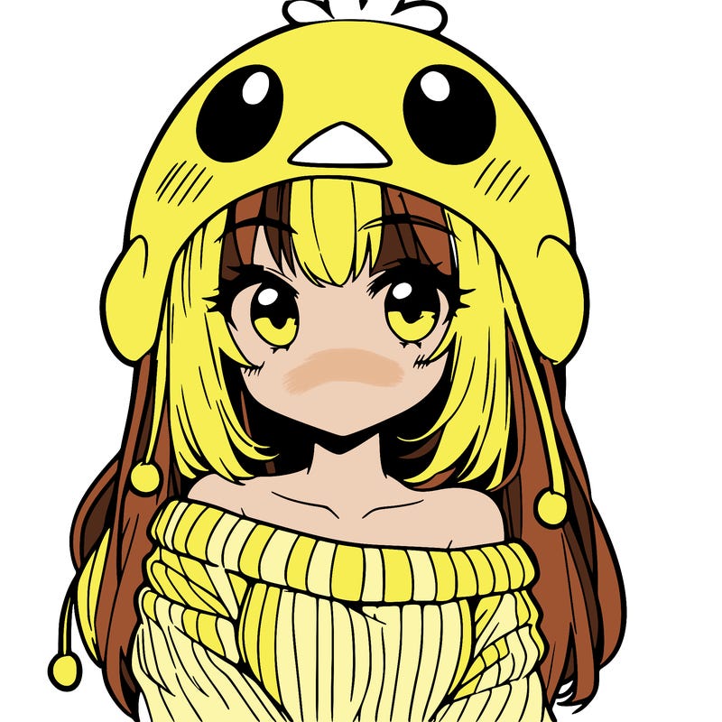 anime girl with chick shaped hat with sweater with bare shoulders with bangs covering them one eye with low tail