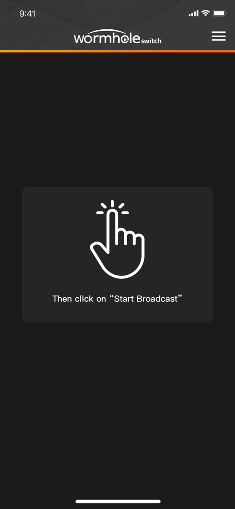 Wormhole - CrossLink - Instructional screen to click Start Broadcast in the Wormhole CrossLink app