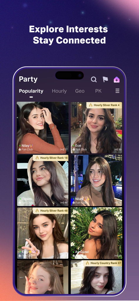 Screenshot of the SoulChill app showing various user profiles in the party section for social networking.