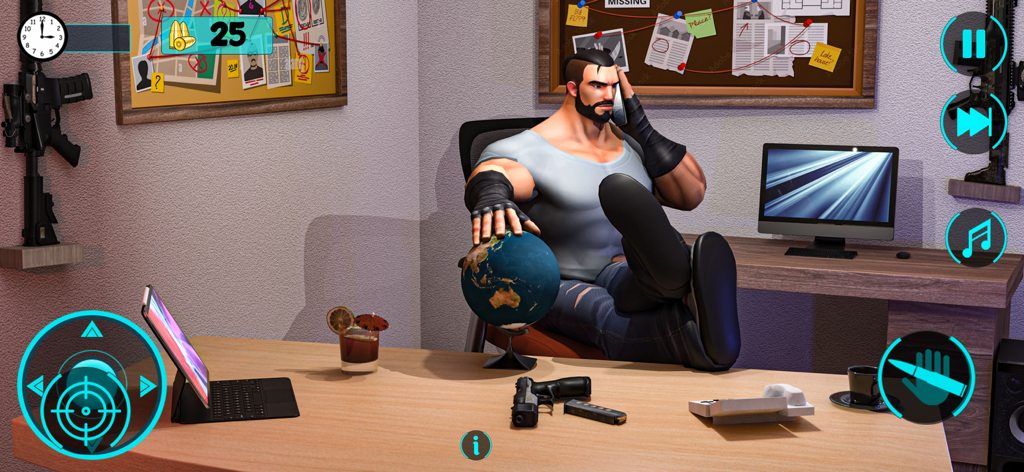 Sniper Shooting Gun Games 3D - Mafia spy agent character sitting at a desk with a handgun in an office