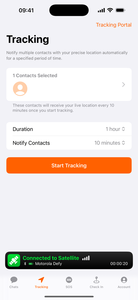 Bullitt Satellite Messenger - Bullitt Satellite Messenger tracking screen showing live location sharing settings and satellite connectivity status