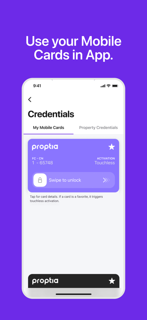 Proptia 2.1 - Proptia app interface showing a mobile credential card with a swipe to unlock button for residential gate access