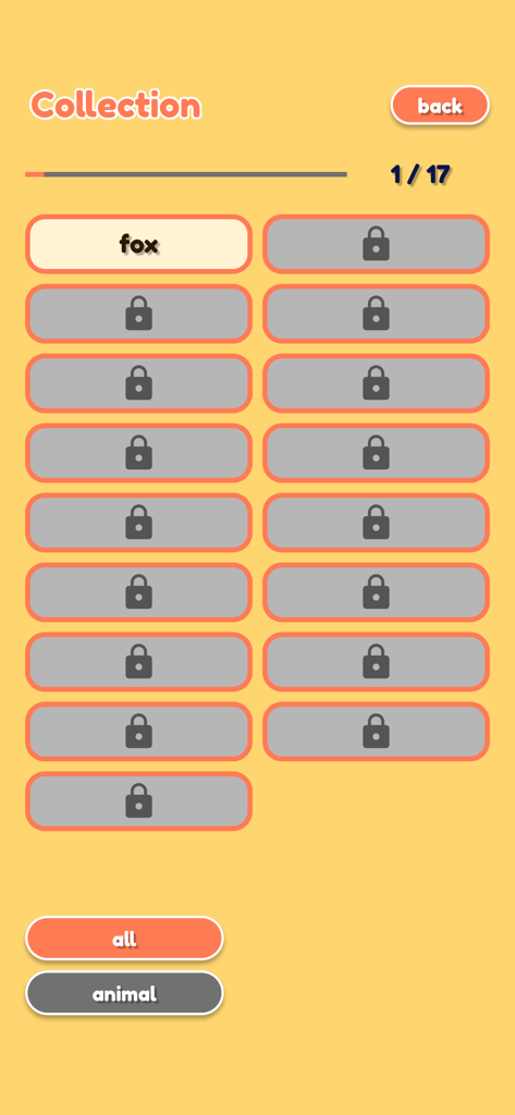 Guess Me!!! - Guess Me app collection screen showing one unlocked word fox and multiple locked slots with a progress of one out of seventeen