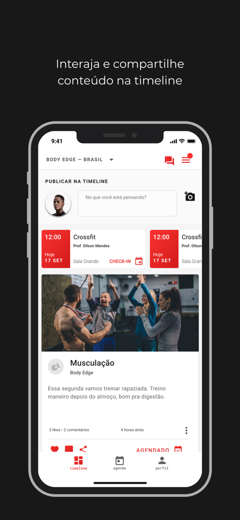 Interfaz de la aplicación Selfit que muestra la línea de tiempo social con publicaciones del gimnasio y registros de asistencia a clases