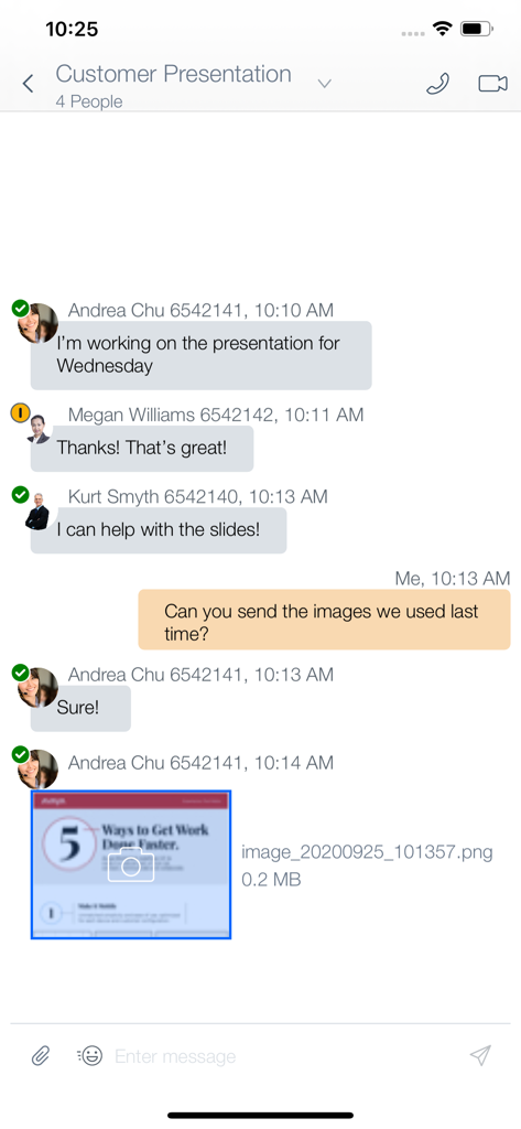 Avaya Workplace - A group chat interface in the Avaya Workplace app showing team communication and file sharing