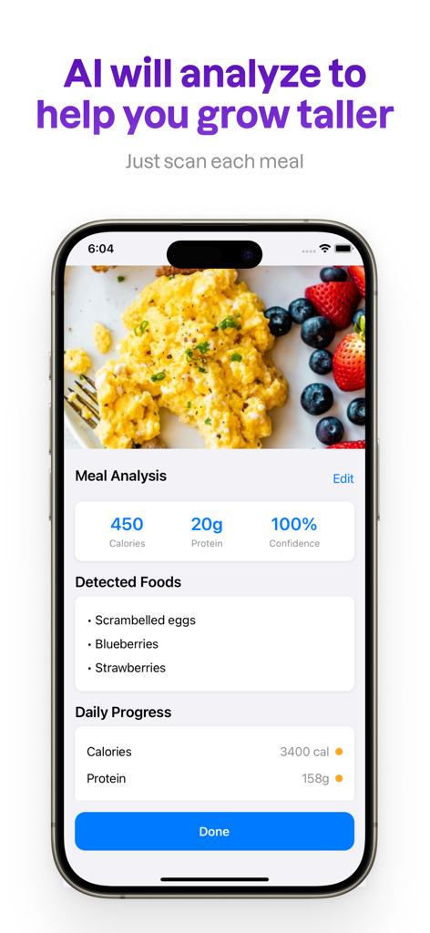 Tela do celular do Taller App mostrando análise de refeições com IA para rastreamento de proteína e calorias.