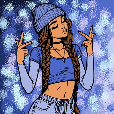 realistic teenage girl with braids and a beanie and crop top doing 🫶🏼