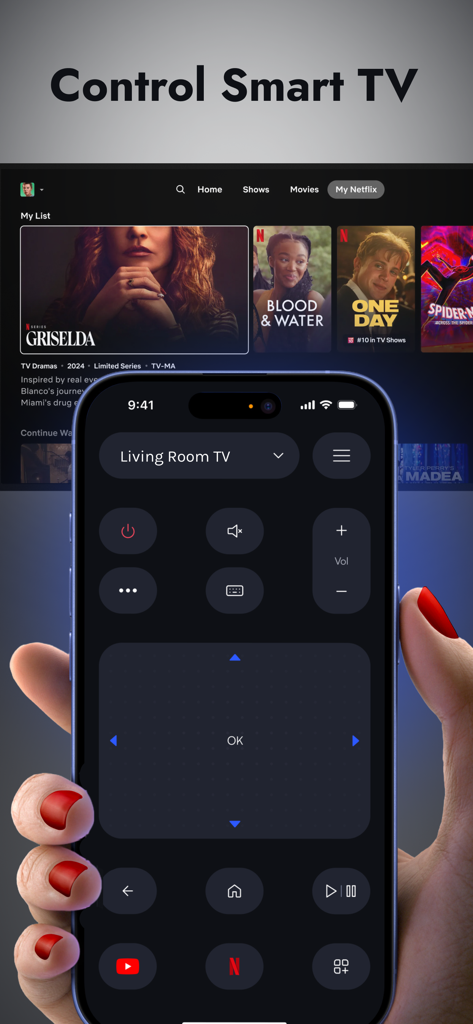 A person using a universal TV remote app on an iPhone to control a Smart TV