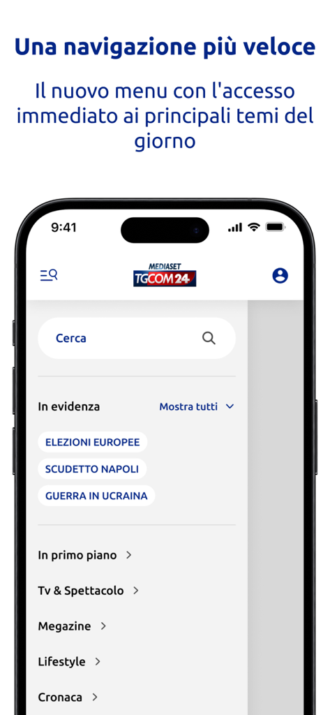 TGCOM24 - TGCOM24 app interface displaying the main navigation menu and trending news tags