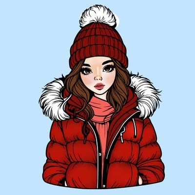 realistic girl with beanie and puff jacket