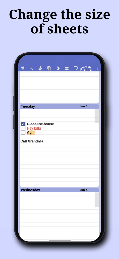 Weekly Planner: To-Do & Tasks - Interfaz móvil de la aplicación Weekly Planner que muestra una lista de tareas para martes y miércoles con casillas de verificación y estilos de texto personalizados.