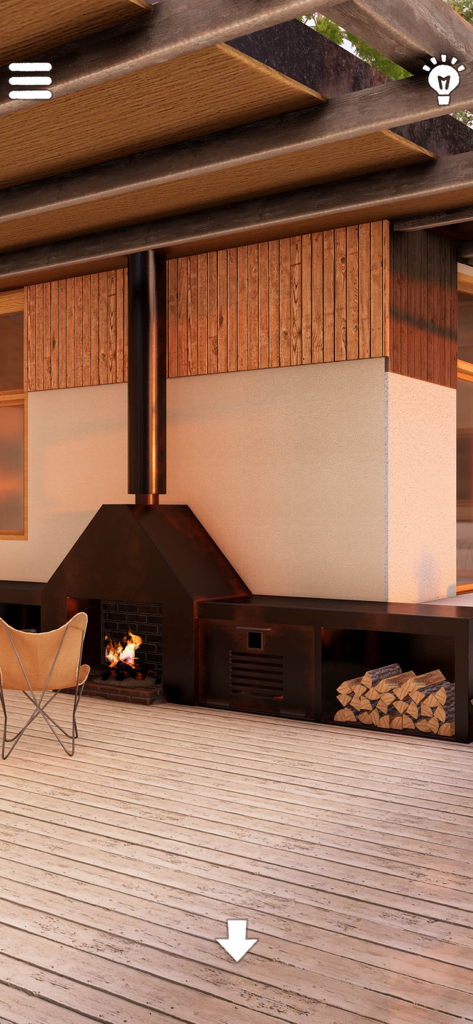 Can you escape Villa Lakeside - Eine ruhige Außenterrasse mit einem modernen Kamin und einem brennenden Feuer in einer Villa am See.