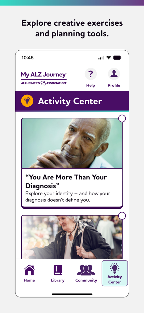 My ALZ Journey - My ALZ Journey app Activity Center interface displaying creative exercises and articles like You Are More Than Your Diagnosis for individuals with dementia.