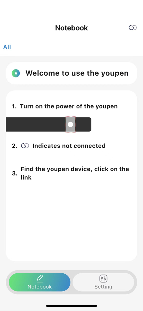 The Youpen app connection screen with instructions on how to pair the smart pen.