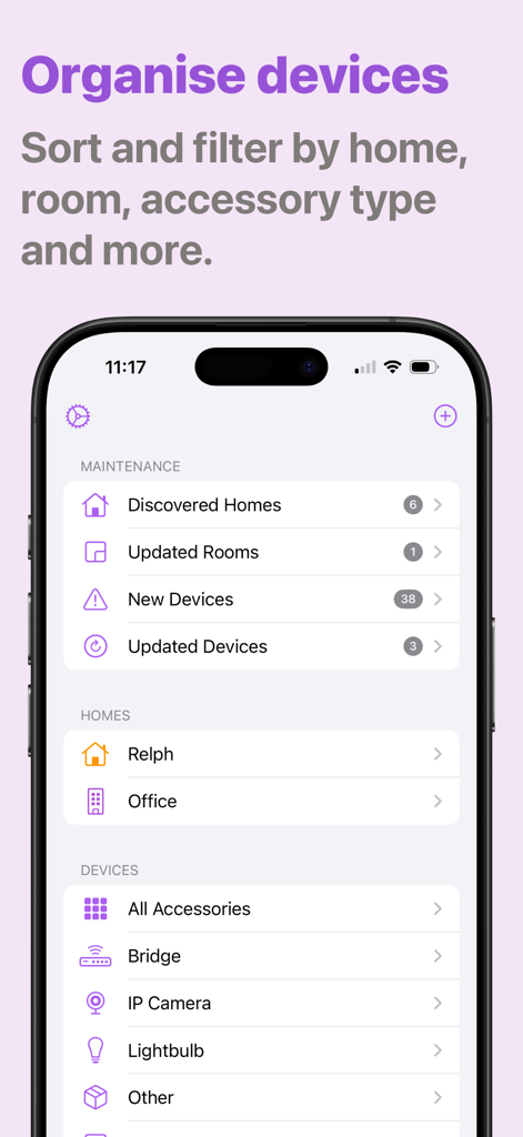 HomePass app interface displaying organized lists of smart home devices by home room and category