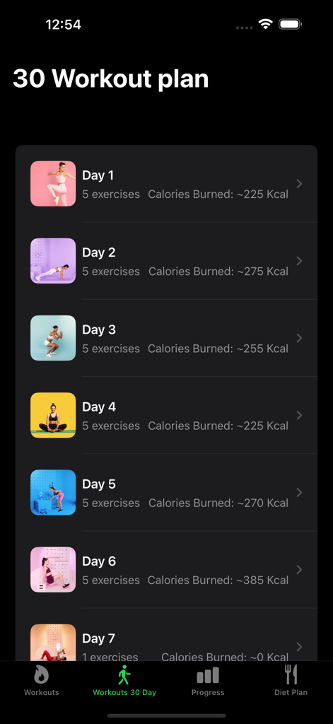 Lose Belly Fat: Women Fitness - Pantalla de plan de entrenamiento de 30 días que muestra rutinas de ejercicio diarias y calorías estimadas quemadas para mujeres.