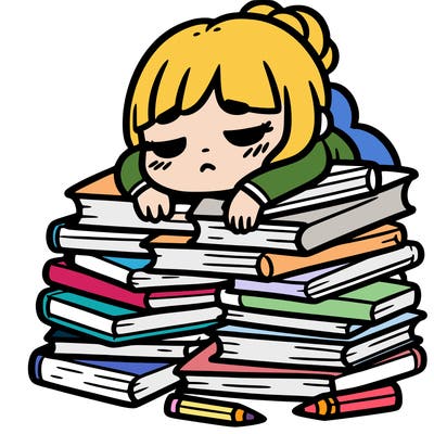 tired girl with piles of books