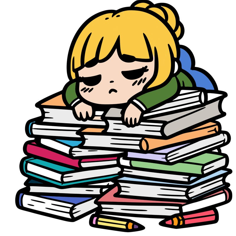 tired girl with piles of books