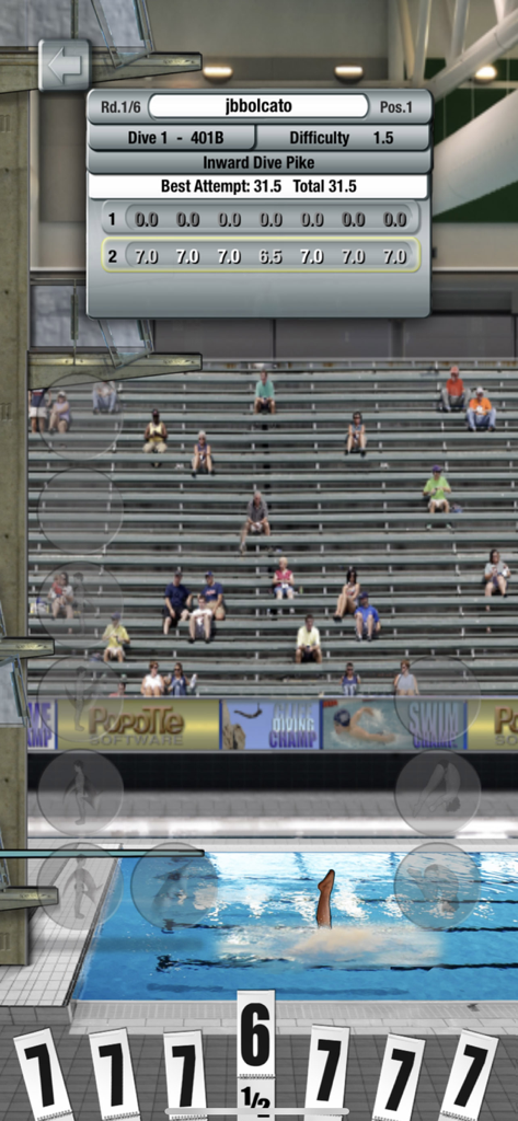 DiveChamp2 - DiveChamp2 gameplay screen displaying competition judges scores and a diver entering the water