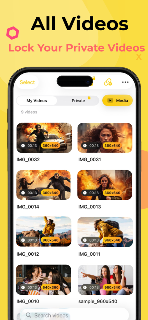 SnapTube App-Oberfläche, die eine Videobibliothek mit einer privaten Ordnersperrfunktion anzeigt.