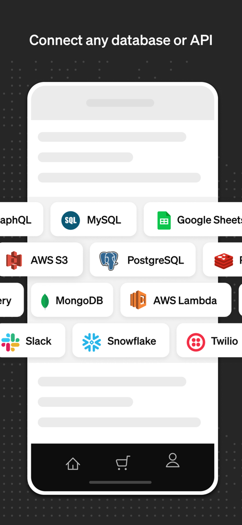 Retool Mobile app screen showcasing integrations with various databases and APIs like MySQL PostgreSQL and Slack