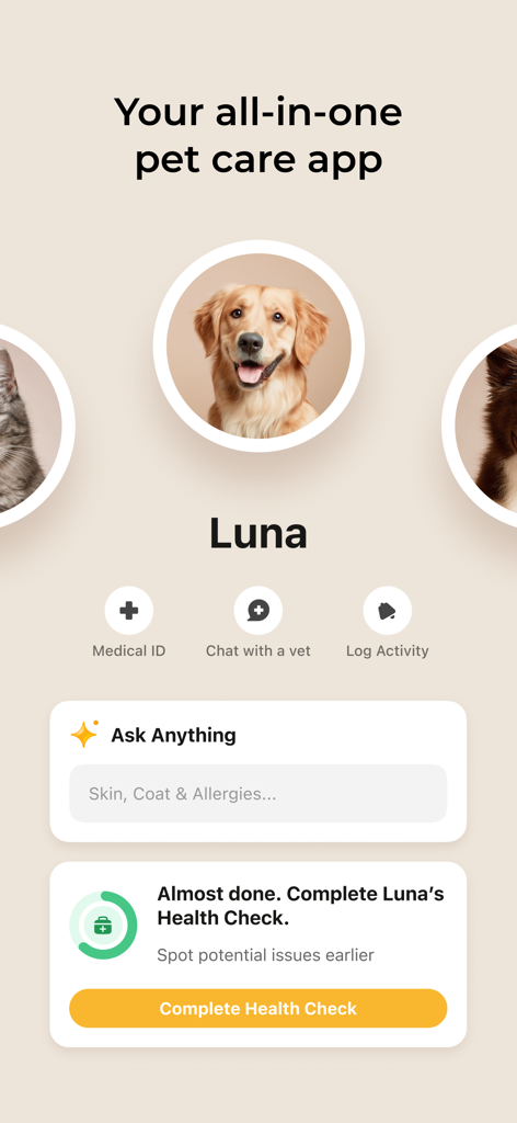 Petcube - Petcube app home screen showing a pet profile for a dog named Luna with options for medical ID vet chat and health check tracking