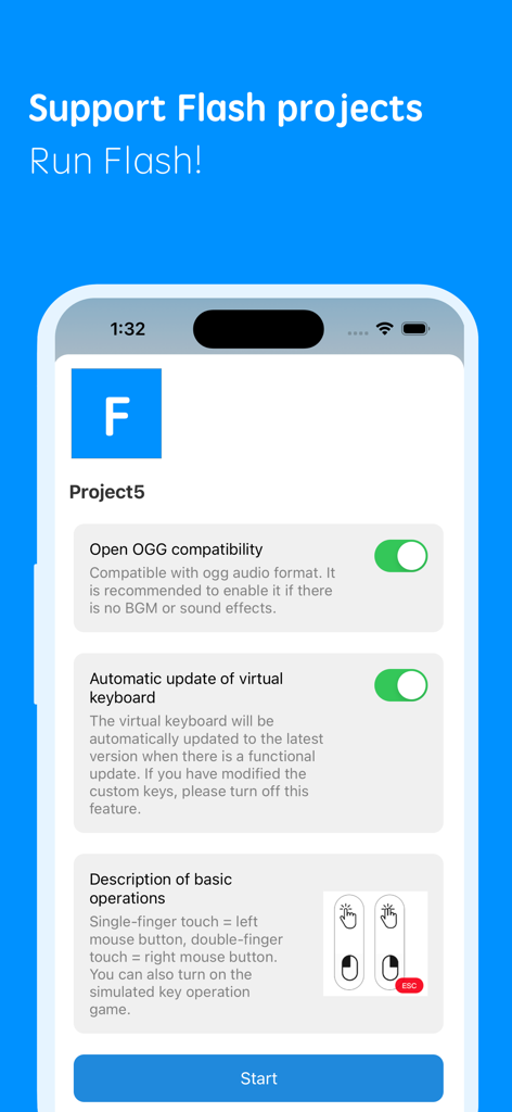 RPGViewer - RPGViewer mobile app screen showing settings for Flash projects and OGG audio support