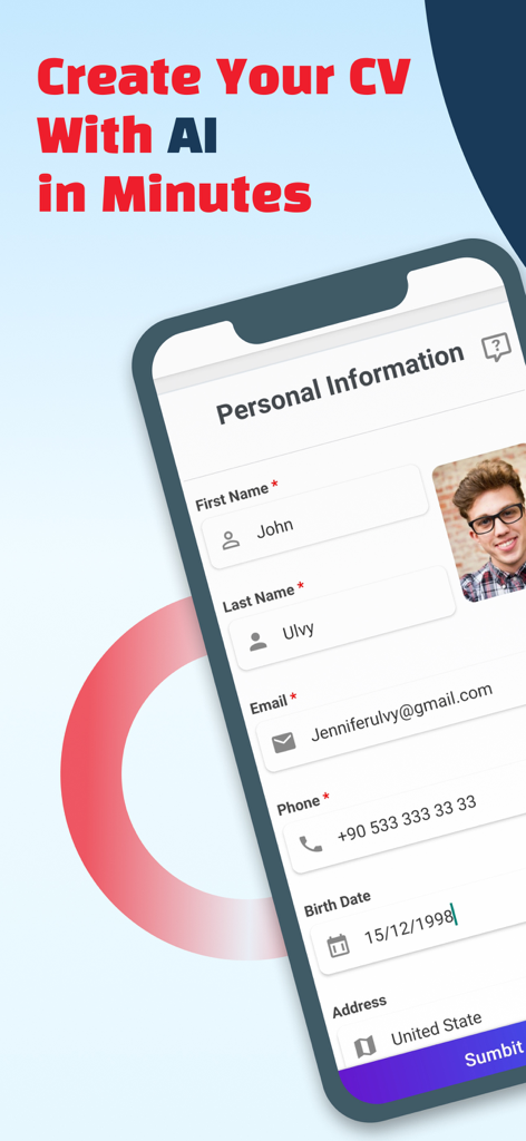 Boost CV & AI Resume Builder - A mobile interface of the Boost CV app for entering personal information to create an AI resume in minutes.