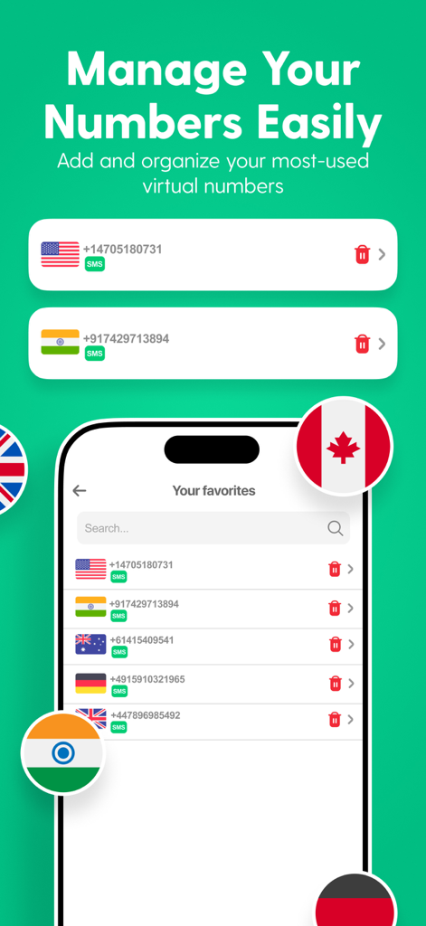 Temp Number - 2nd Phone Number - A mobile interface showing a list of virtual phone numbers from various countries for SMS verification