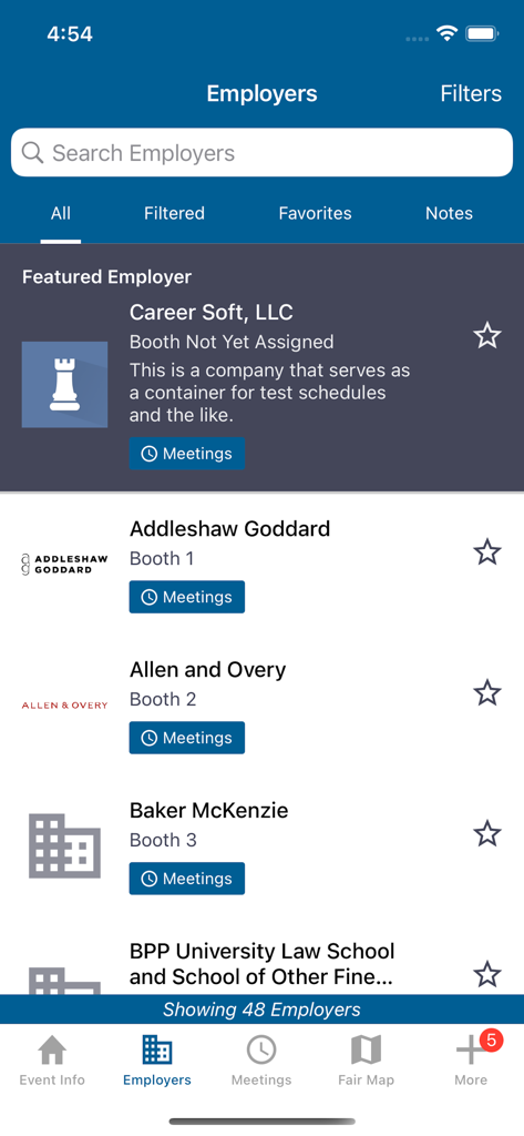 Career Fair Plus - A mobile app screen displaying a list of employers with their booth numbers and options to schedule meetings