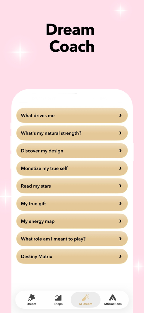 Dream Coach menu in the Vision Board app displaying options for self-discovery and manifestation coaching.