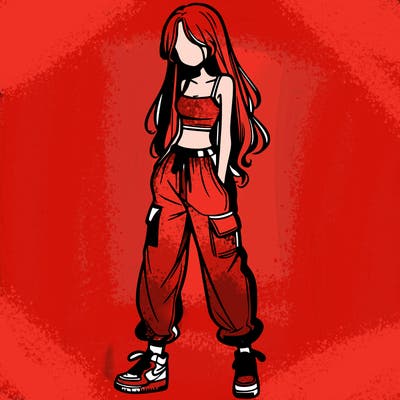 girl in baggy pants crop top and long hair