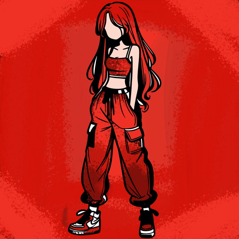 girl in baggy pants crop top and long hair