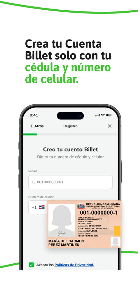 Billet - Pantalla de registro de la aplicación Billet que muestra campos para la cédula dominicana y el número de teléfono