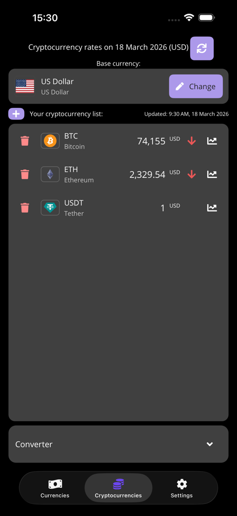 Coin & Currency Converter - App screen showing current cryptocurrency rates for Bitcoin and Ethereum in USD