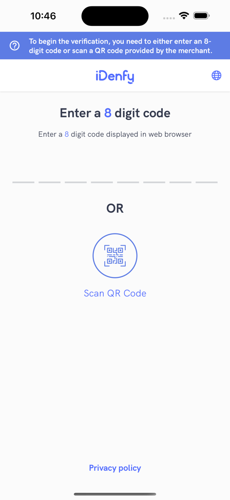 iDenfy Identity Verification - iDenfy app interface with options to enter an 8-digit code or scan a QR code to begin identity verification