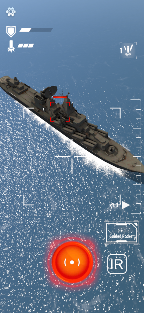 Drone Strike Military War 3D - Perspective de drone aérien ciblant un navire de guerre militaire en mer avec un réticule de roquette guidée